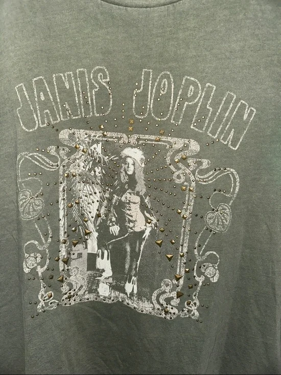 Janis Joplin Lucky Brand Olive Green Distressed Graphic Tee Women’s Size M - Picture 3 of 8
